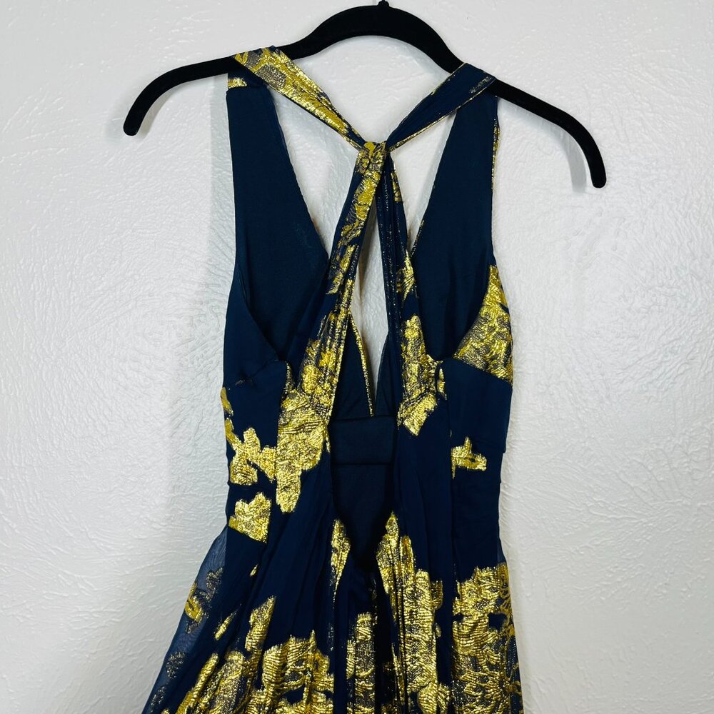 Xscape Silk Navy Blue and Gold Metallic Maxi Evening Gown - Picture 5 of 12